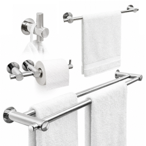 Kit Acessórios Banheiro Inox 304 - 4 Peças Kromus Toalheiro Duplo Papeleira Cabide